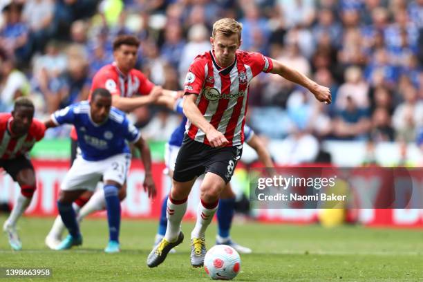 James Ward-Prowse of Southampton scores their team's first goal from the penalty spot during the Premier League match between Leicester City and...