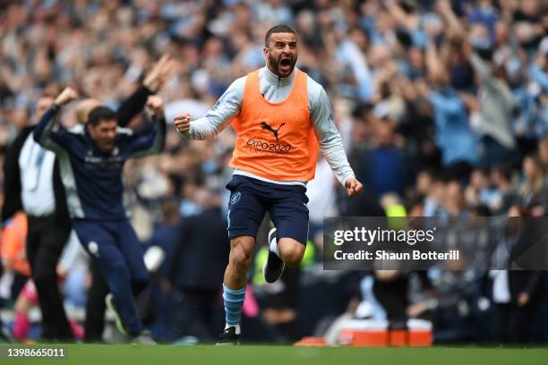 Kyle Walker of Manchester City celebrates after their sides third goal during the Premier League match between Manchester City and Aston Villa at...