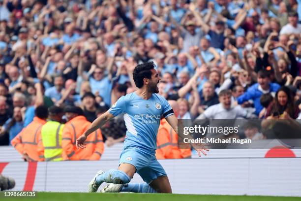 Ilkay Guendogan of Manchester City celebrates after scoring their team's third goal during the Premier League match between Manchester City and Aston...