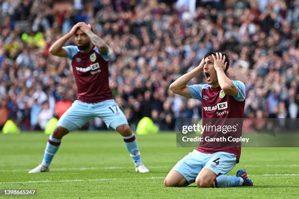 Jack Cork of Burnley reacts during the Premier League match between Burnley and Newcastle United at Turf Moor on May 22, 2022 in Burnley, England.