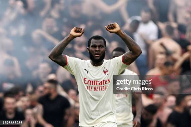 Franck Kessie of AC Milan celebrates after scoring their side's third goal during the Serie A match between US Sassuolo and AC Milan at Mapei Stadium...