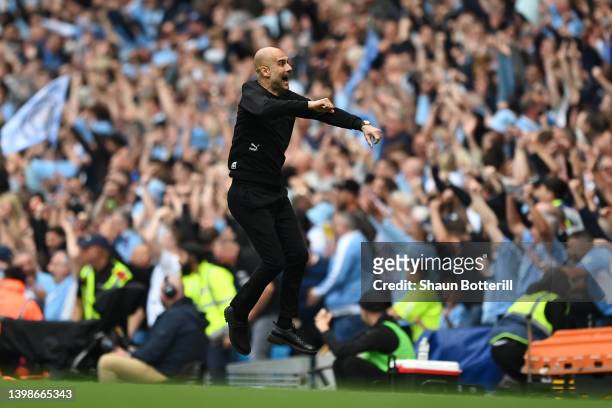 Pep Guardiola, Manager of Manchester City celebrates after their sides third goal during the Premier League match between Manchester City and Aston...
