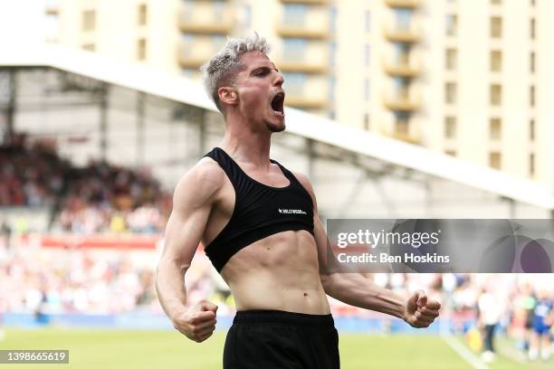 Sergi Canos of Brentford celebrates after scoring their side's first goal during the Premier League match between Brentford and Leeds United at...