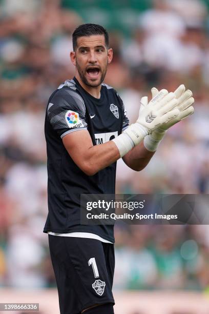 Kiko Casilla of Elche CF looks on during the La Liga Santander match between Elche CF and Getafe CF at Estadio Manuel Martinez Valero on May 22, 2022...