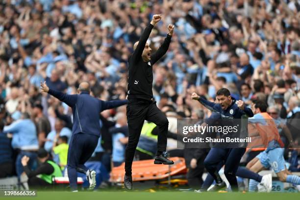 Pep Guardiola, Manager of Manchester City celebrates after their sides third goal during the Premier League match between Manchester City and Aston...