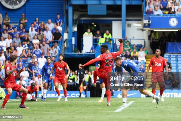 Ross Barkley of Chelsea scores their sides second goal during the Premier League match between Chelsea and Watford at Stamford Bridge on May 22, 2022...