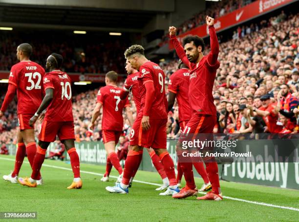 Mohamed Salah of Liverpool celebrates after scoring the second goal making the score 2-1 during the Premier League match between Liverpool and...
