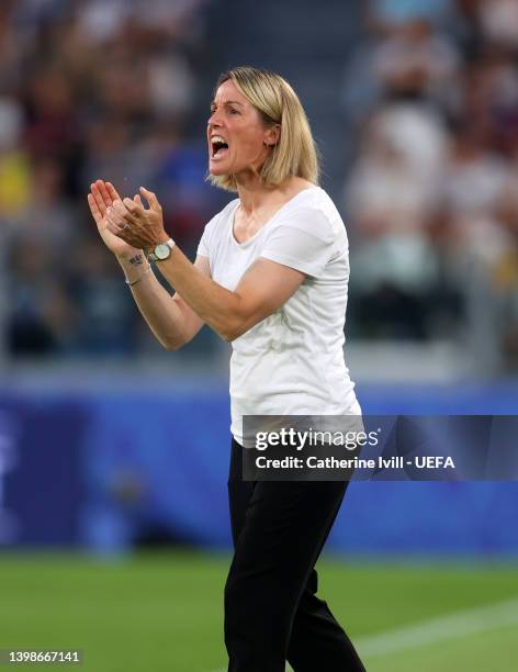 Olympique Lyonnais manager Sonia Bompastor reacts during the UEFA Women's Champions League final match between FC Barcelona and Olympique Lyonnais at...