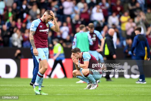 James Tarkowski of Burnley looks dejected following defeat and relegation to the Sky Bet Championship following the Premier League match between...