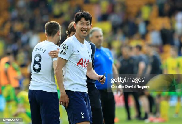 Son Heung-Min of Tottenham Hotspur celebrates after their victory during the Premier League match between Norwich City and Tottenham Hotspur at...