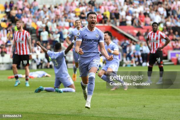 Jack Harrison of Leeds United celebrates after scoring their side's second goal during the Premier League match between Brentford and Leeds United at...
