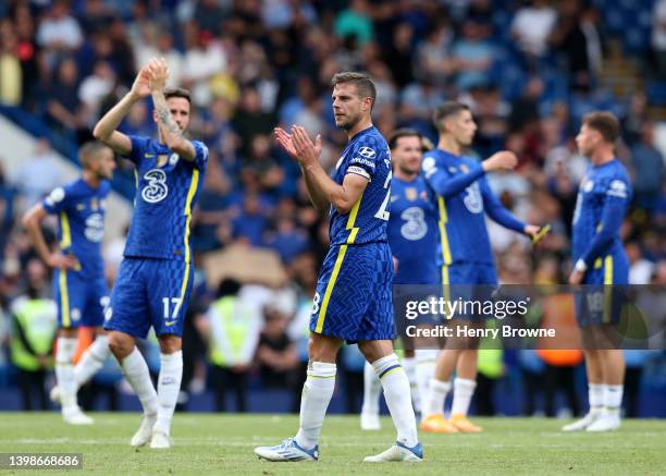 Cesar Azpilicueta of Chelsea applauds fans after the Premier League match between Chelsea and Watford at Stamford Bridge on May 22, 2022 in London,...