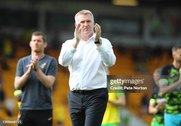 Norwich City manager Dean Smith applauds the home fans at the end of the Premier League match between Norwich City and Tottenham Hotspur at Carrow...