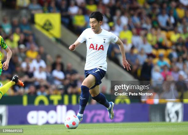 Son Heung-Min of Tottenham Hotspur in actio during the Premier League match between Norwich City and Tottenham Hotspur at Carrow Road on May 22, 2022...