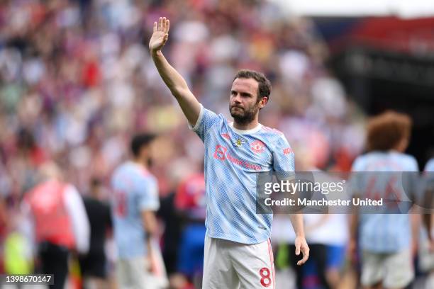 Juan Mata of Manchester United applauds the fans after the Premier League match between Crystal Palace and Manchester United at Selhurst Park on May...