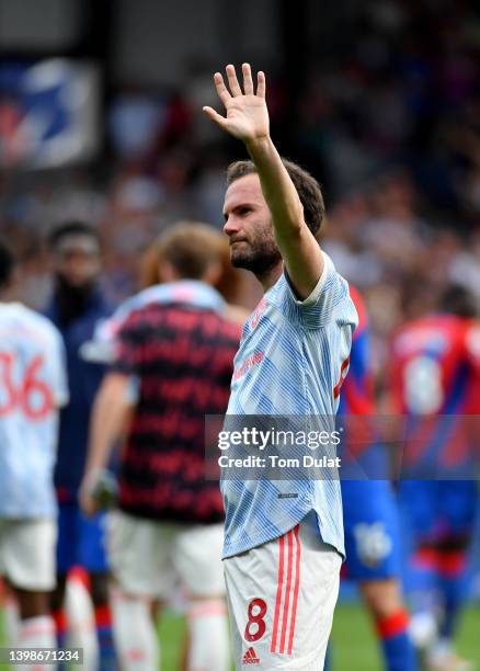 Juan Mata of Manchester United applauds the fans after the Premier League match between Crystal Palace and Manchester United at Selhurst Park on May...