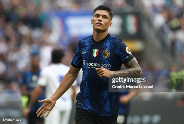 Joaquin Correa of FC Internazionale celebrates after scoring their side's second goal during the Serie A match between FC Internazionale and UC...