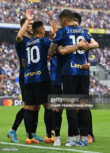 Joaquin Correa of FC Internazionale celebrates with team mates after scoring their team's second goal during the Serie A match between FC...