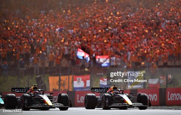 Race winner Max Verstappen of the Netherlands driving the Oracle Red Bull Racing RB18 and Second placed Sergio Perez of Mexico driving the Oracle Red...