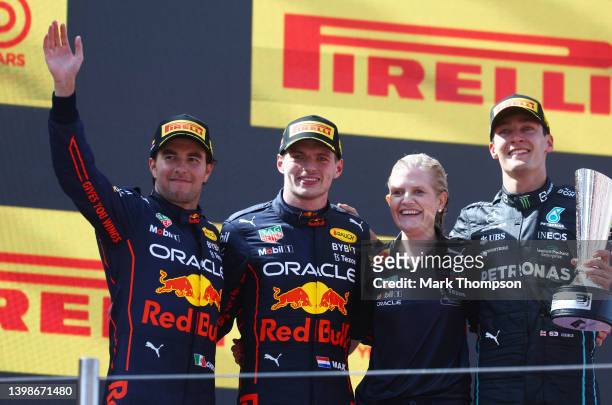 Race winner Max Verstappen of the Netherlands and Oracle Red Bull Racing, Second placed Sergio Perez of Mexico and Oracle Red Bull Racing and Third...