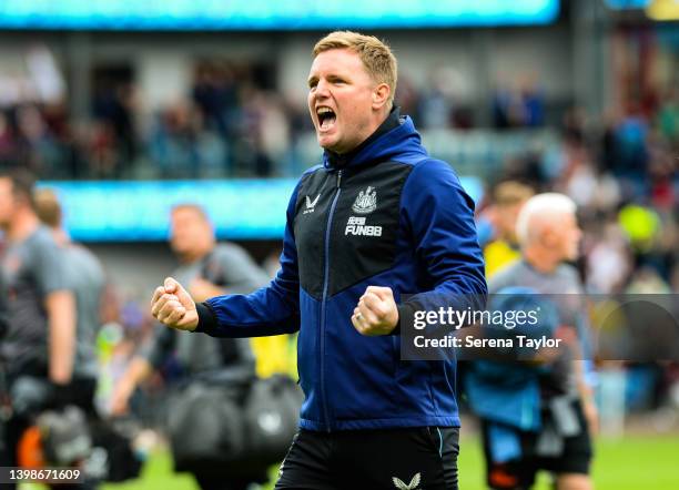 Newcastle United Head Coach Eddie Howe celebrates after winning the Premier League match between Burnley and Newcastle United at Turf Moor on May 22,...