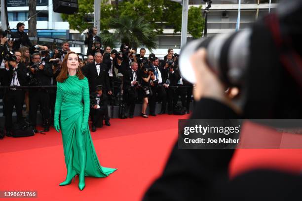 Isabelle Huppert attends the screening of "Forever Young " during the 75th annual Cannes film festival at Palais des Festivals on May 22, 2022 in...