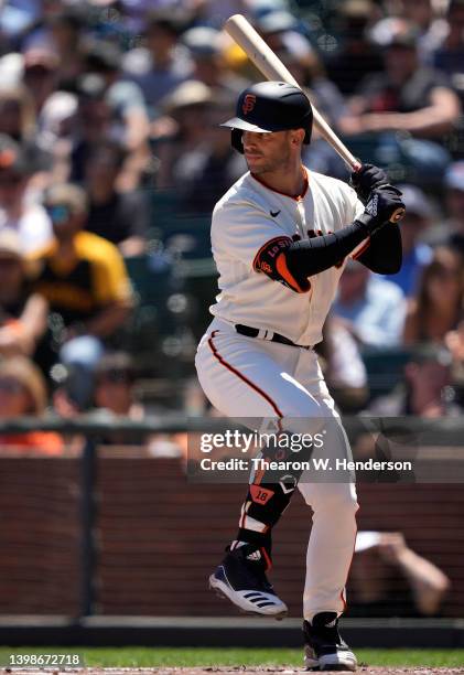 Tommy La Stella of the San Francisco Giants bats against the San Diego Padres in the bottom of the third inning at Oracle Park on May 21, 2022 in San...