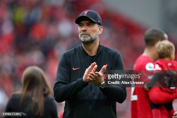 Jurgen Klopp, Manager of Liverpool applauds the fans following the Premier League match between Liverpool and Wolverhampton Wanderers at Anfield on...