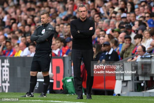 Interim Manager Ralf Rangnick of Manchester United watches from the touchline during the Premier League match between Crystal Palace and Manchester...
