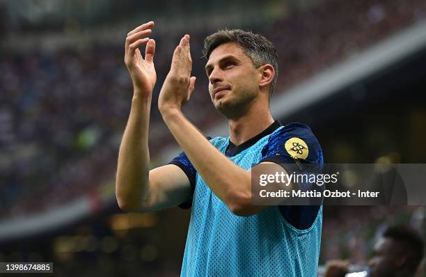 Andrea Ranocchia of FC Internazionale cheers the fans during the Serie A match between FC Internazionale and UC Sampdoria at Stadio Giuseppe Meazza...