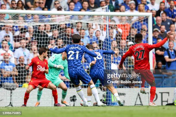 Ross Barkley of Chelsea scores a goal to make it 2-1 during the Premier League match between Chelsea and Watford at Stamford Bridge on May 22, 2022...