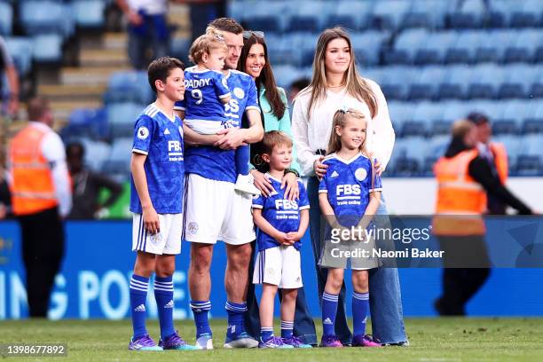 Jamie Vardy of Leicester City and Wife Rebekah Vardy pose for a photograph with their family during the lap of honour during the Premier League match...