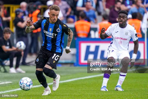 Noa Lang of Club Brugge during the Jupiler Pro League match between Club Brugge and RSC Anderlecht at Jan Breydel Stadium on May 22, 2022 in Brugge,...