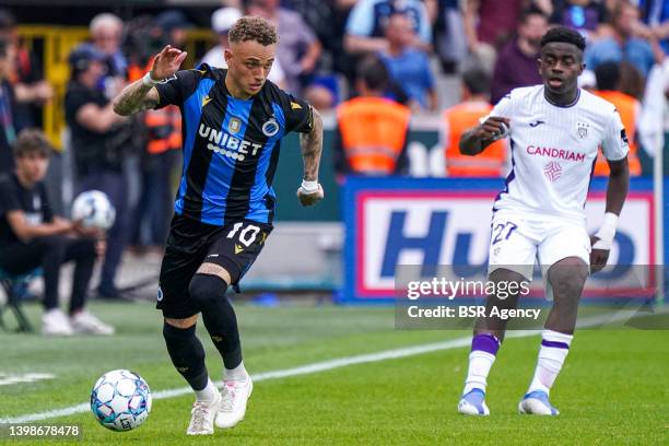 Noa Lang of Club Brugge during the Jupiler Pro League match between Club Brugge and RSC Anderlecht at Jan Breydel Stadium on May 22, 2022 in Brugge,...