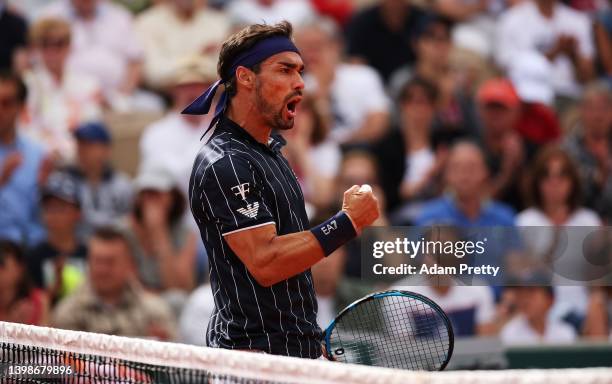 Fabio Fognini of Italy reacts after winning a point during his mens singles first round match against Alexei Popyrin of Australia on day 1 of the...