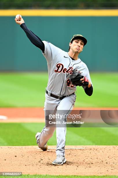 Starting pitcher Alex Faedo of the Detroit Tigers pitches during the first inning against the Cleveland Guardians at Progressive Field on May 22,...