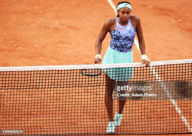 Coco Gauff of the United States reacts during her womens singles first round match against Rebecca Marino of Canada on day 1 of the 2022 French Open...
