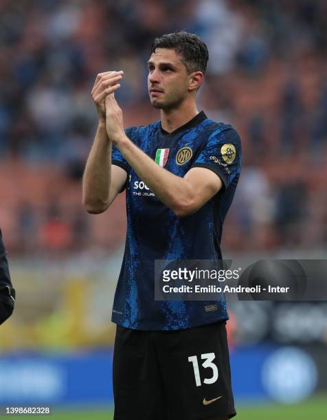 Andrea Ranocchia of FC Internazionale disappointed for not winning of the Scudetto, greets fans after the Serie A match between FC Internazionale and...