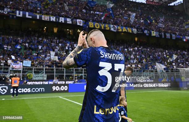 Milan Skriniar of FC Internazionale cheers the fans after the Serie A match between FC Internazionale and UC Sampdoria at Stadio Giuseppe Meazza on...