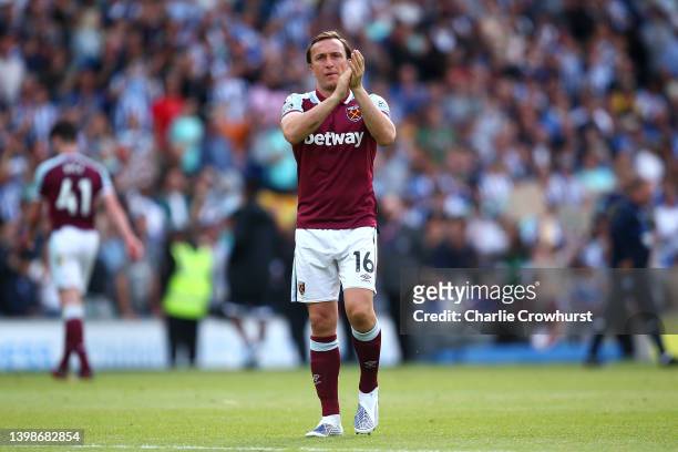 Mark Noble of West Ham applauds the fans after playing his final game during the Premier League match between Brighton & Hove Albion and West Ham...