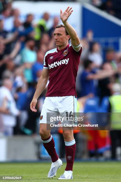 Mark Noble of West Ham applauds the fans after playing his final game during the Premier League match between Brighton & Hove Albion and West Ham...