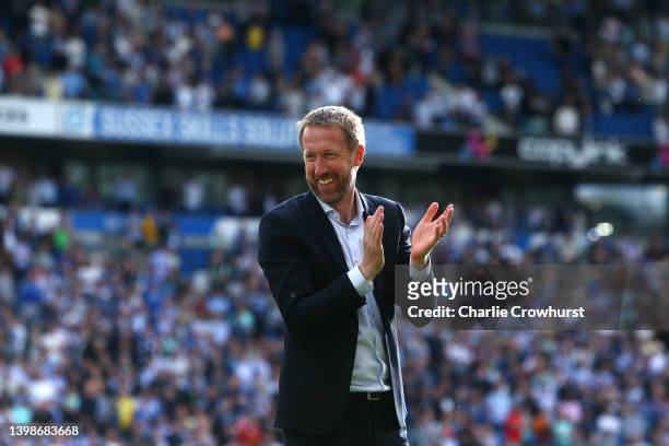 Brighton manager Graham Potter applauds the fans during a lap of honour during the Premier League match between Brighton & Hove Albion and West Ham...