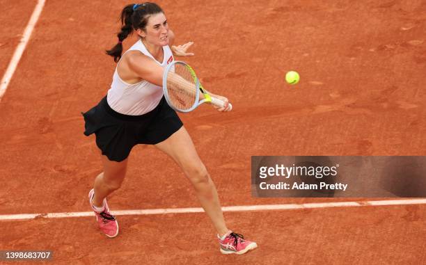 Rebecca Marino of Canada plays a forehand during her womens singles first round match against Coco Gauff of the United States on day 1 of the 2022...