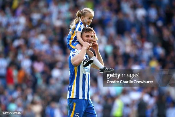 Joel Veltman of Brighton applauds the fans during a lap of honour during the Premier League match between Brighton & Hove Albion and West Ham United...