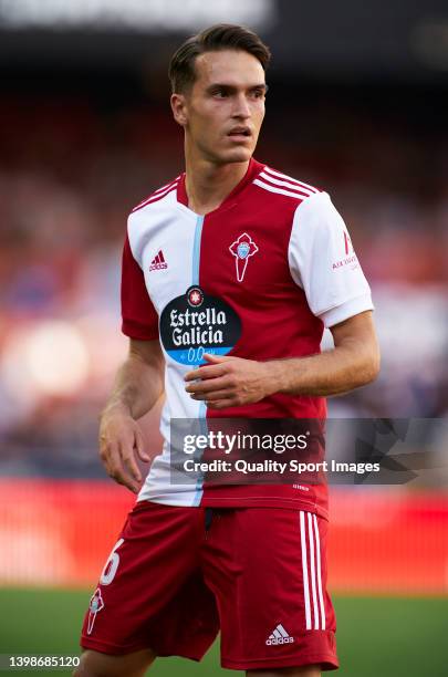 Denis Suarez of RC Celta de Vigo looks on during the La Liga Santander match between Valencia CF and RC Celta de Vigo at Estadio Mestalla on May 21,...