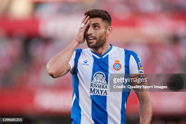 David Lopez of RCD Espanyol reacts during the LaLiga Santander match between Granada CF and RCD Espanyol at Nuevo Estadio de Los Carmenes on May 22,...