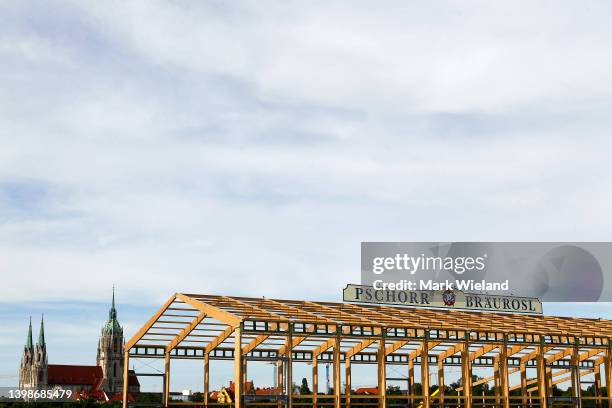 The Pschorr Braurosl tent is seen under construction at Theresienwiese in Munich on May 22, 2022 in Munich, Germany. The Pschorr Braurosl tent will...