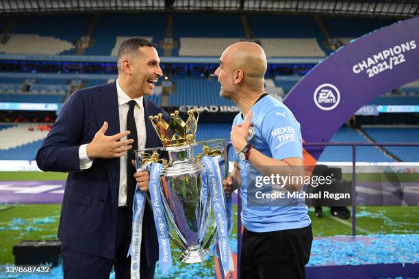 Pep Guardiola and Khaldoon Al Mubarak, Chairperson of Manchester City celebrate after their side finished the season as Premier League champions...