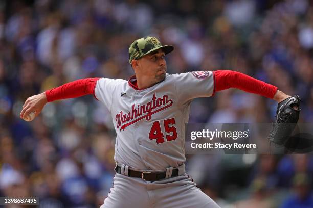 Aaron Sanchez of the Washington Nationals throws a pitch during the first inning against the Milwaukee Brewers at American Family Field on May 22,...
