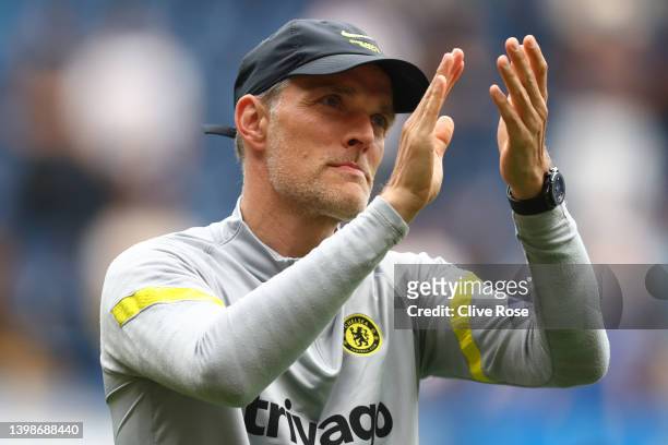 Thomas Tuchel of Chelsea waves to the supporters after the Premier League match between Chelsea and Watford at Stamford Bridge on May 22, 2022 in...